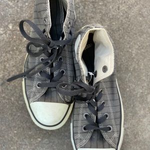 Grey with black pin-stripped high cut Converse sneakers (fits like size 9)